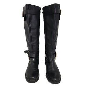 Black Leather Buckled Zip Up Knee High Boots Size 8 M